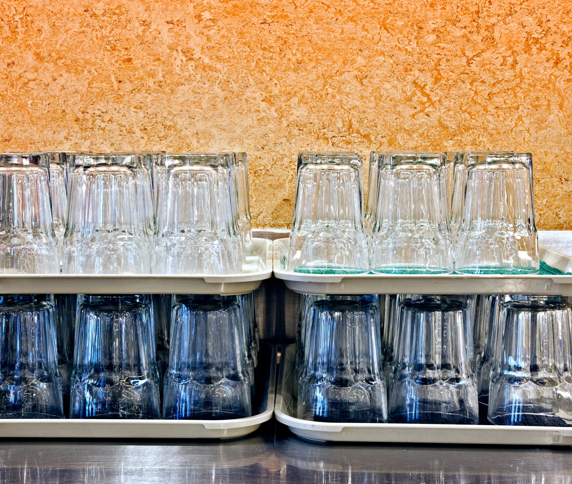 Stacked Glasses in a Cafeteria